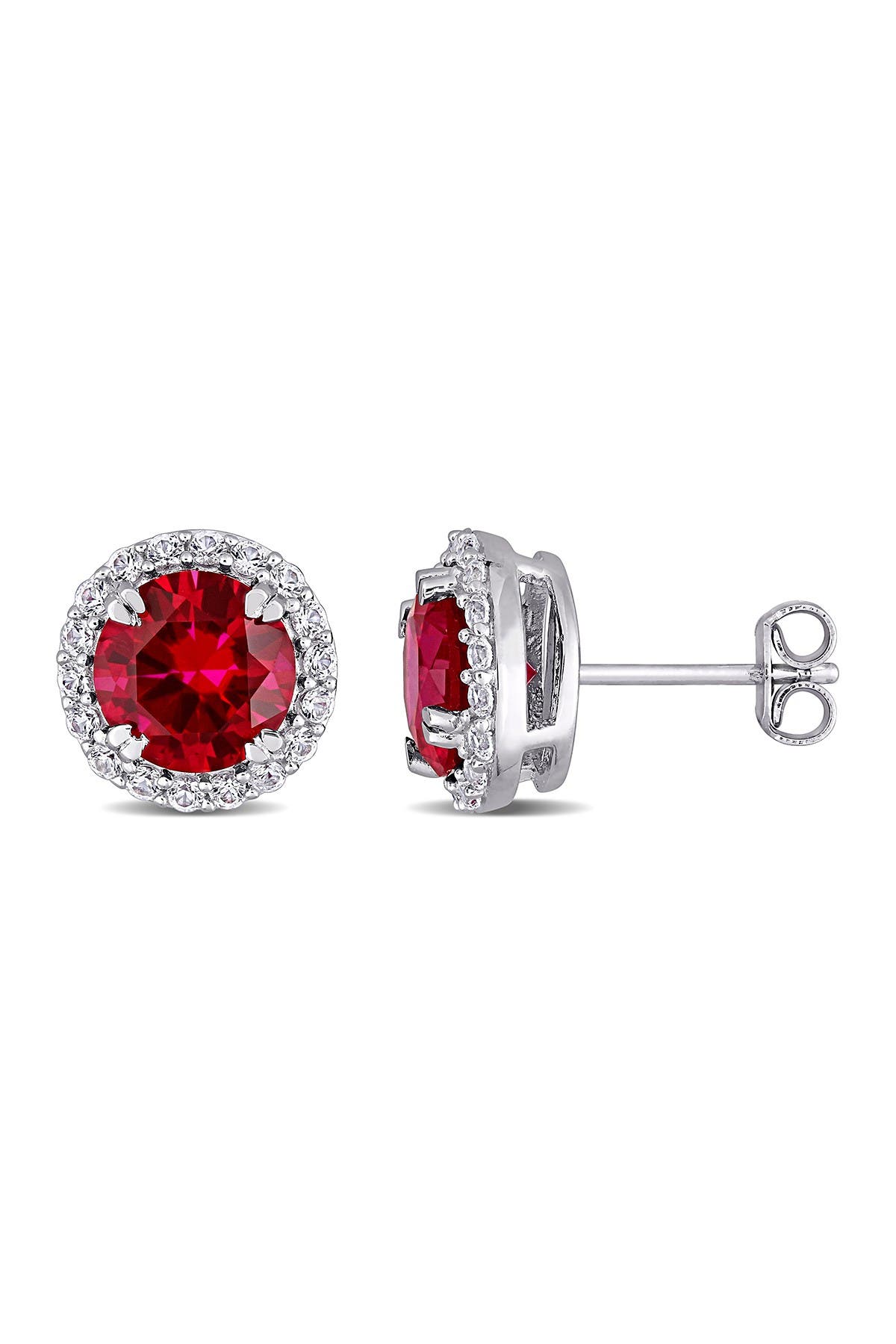 DELMAR Sterling Silver Lab Created Ruby & White Sapphire Halo Stud Earrings