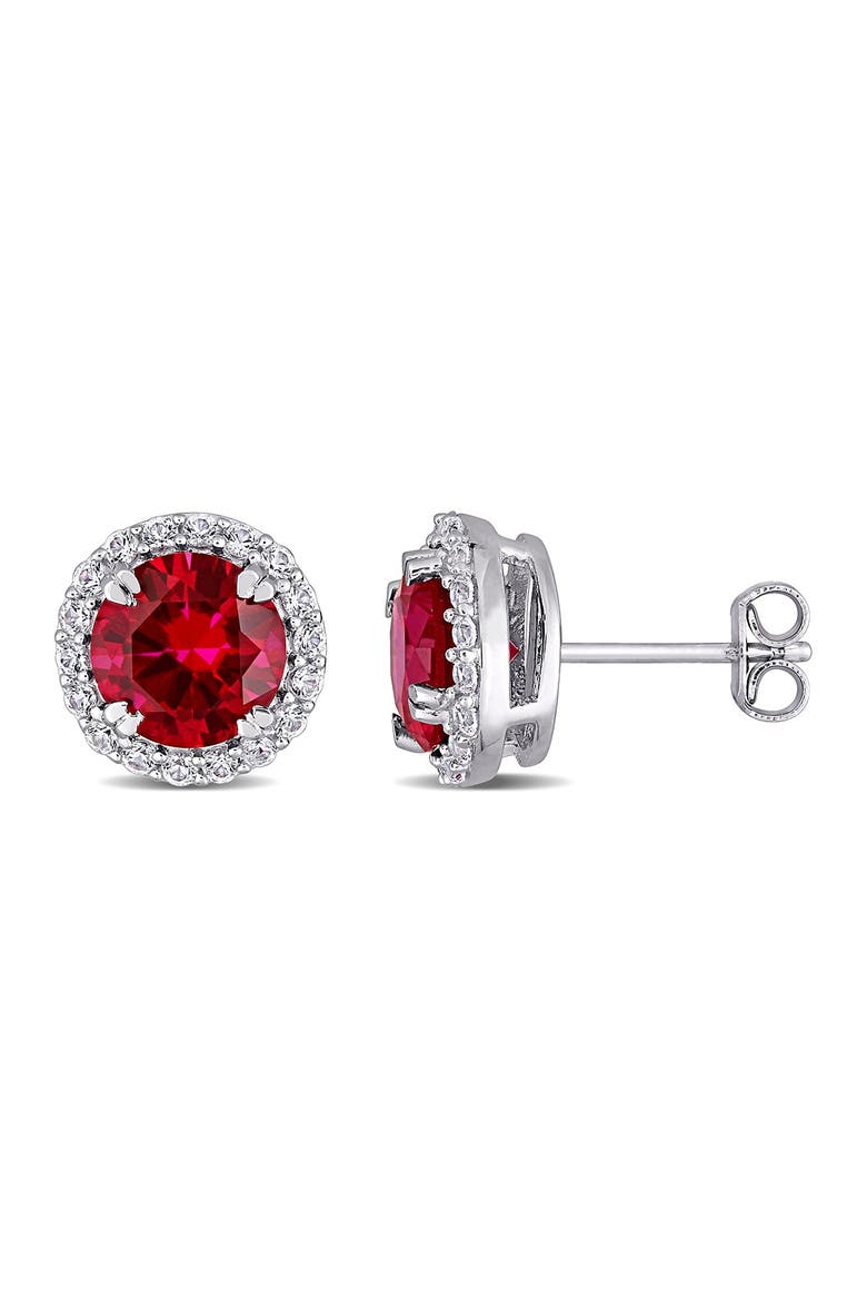 Sterling Silver Lab Created Ruby & White Sapphire Halo Stud Earrings, Main, color, RED