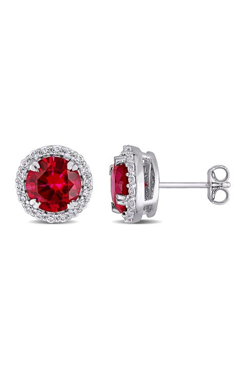 Sterling Silver Lab Created Ruby & White Sapphire Halo Stud Earrings