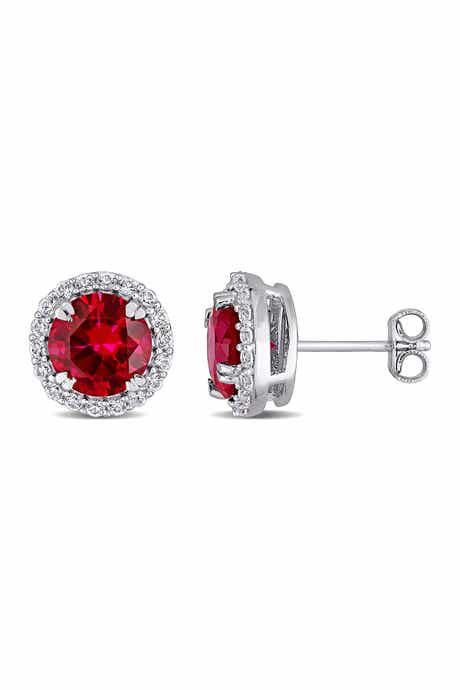 DELMAR Sterling Silver Lab Created Ruby & White Sapphire Halo Stud Earrings