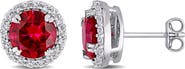 DELMAR Sterling Silver Lab Created Ruby & White Sapphire Halo Stud Earrings