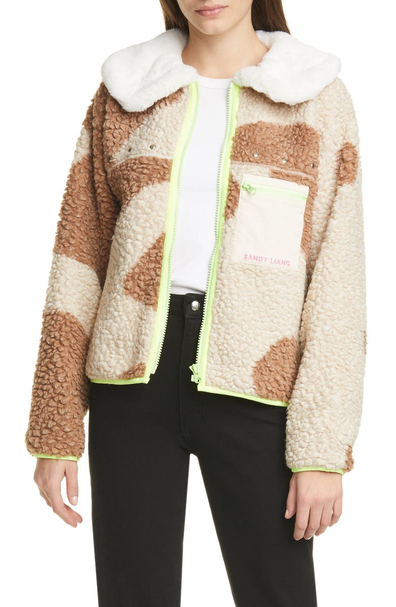 Sandy Liang Bells Faux Fur Collar Fleece Jacket, Main, color, 