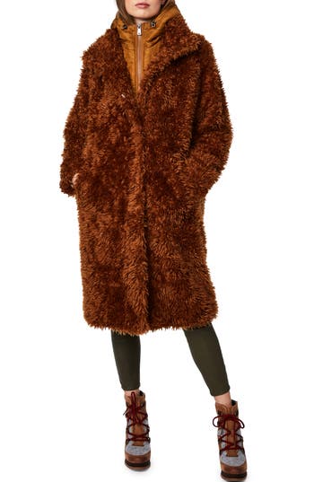 Bernardo Shaggy Faux Fur Coat With Removable Hooded Insert In Brown