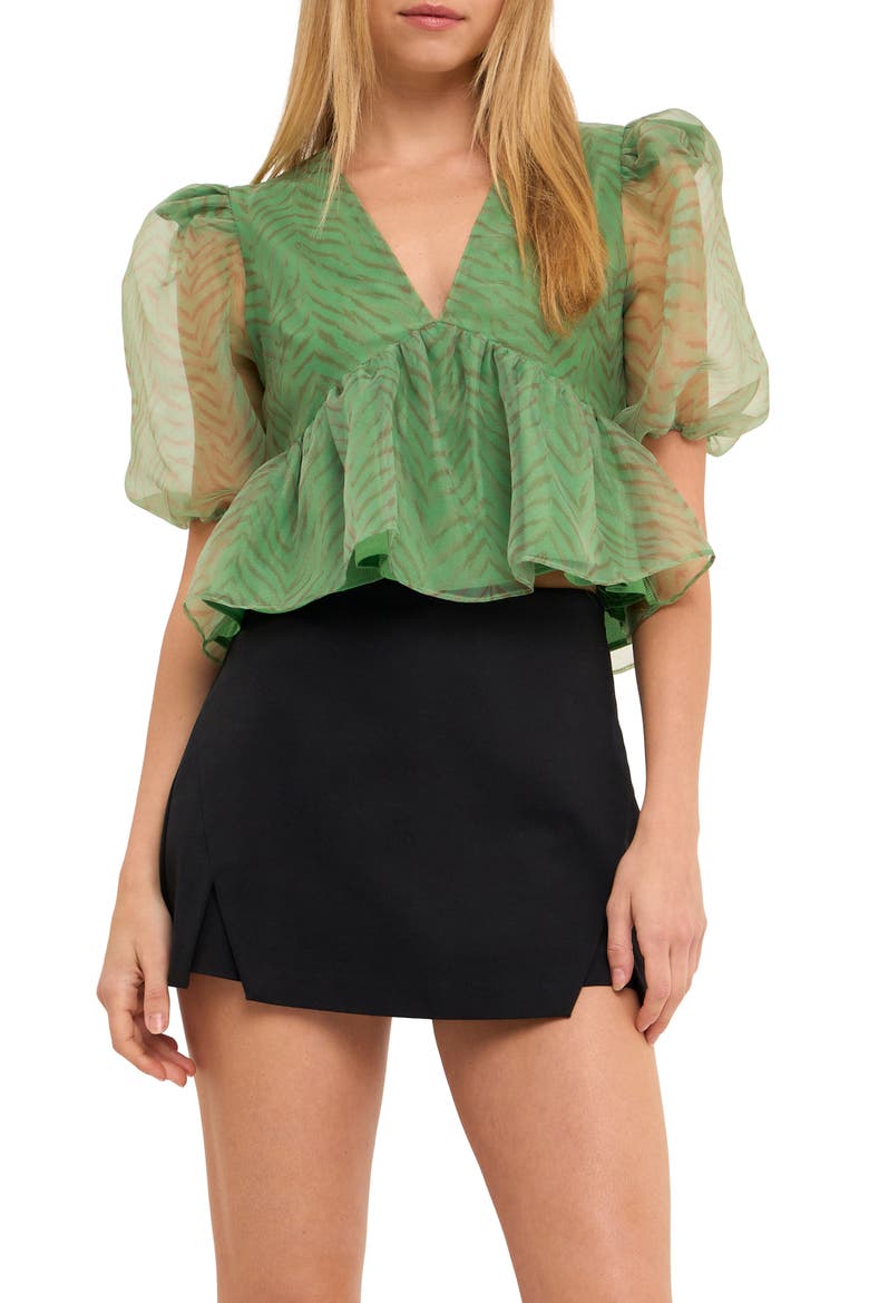 Zebra Print Puff Sleeve Crop Top, Main, color, GREEN MULTI