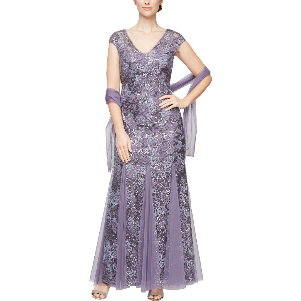 Alex Evenings Sequin Embroidered Trumpet Gown In Icy Orchid