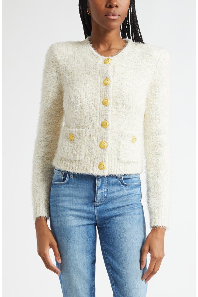 Una Crop Eyelash Tweed Cardigan, Main, color, IVORY/ GOLD LUREX MULTI