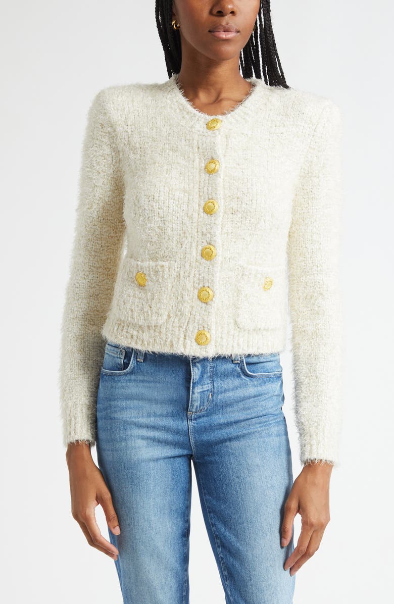 L'AGENCE Una Crop Eyelash Tweed Cardigan, Main, color, Ivory/ Gold Lurex Multi