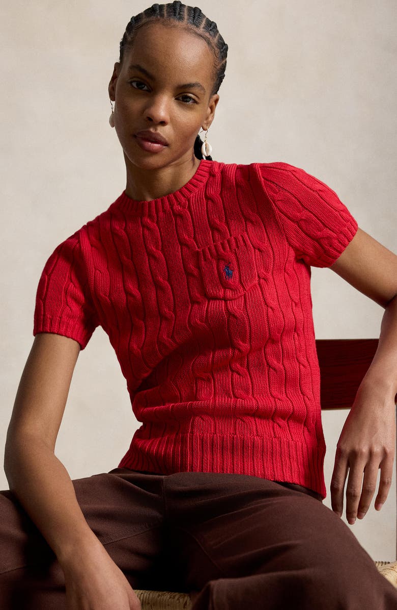 Polo Ralph Lauren Short Sleeve Cotton Cable Knit Sweater, Alternate, color, Red