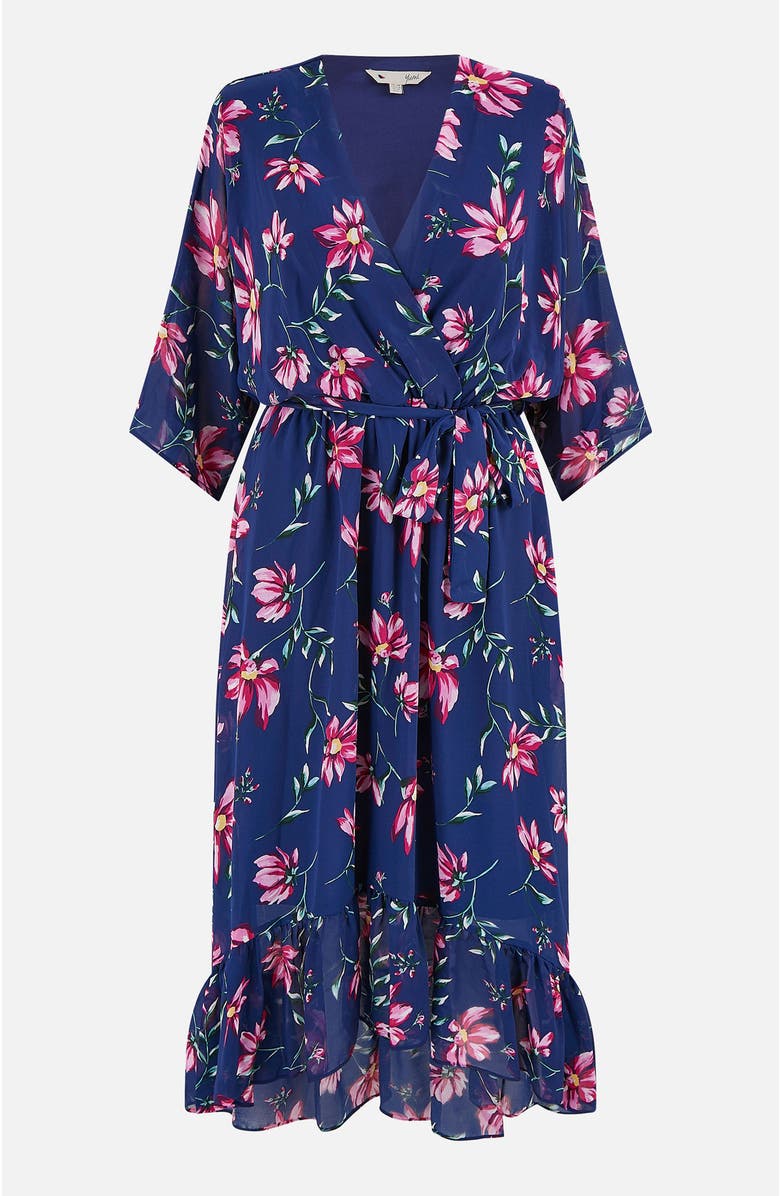 Yumi Floral Kimono Wrap Dipped Hem Midi Dress, Alternate, color, Navy