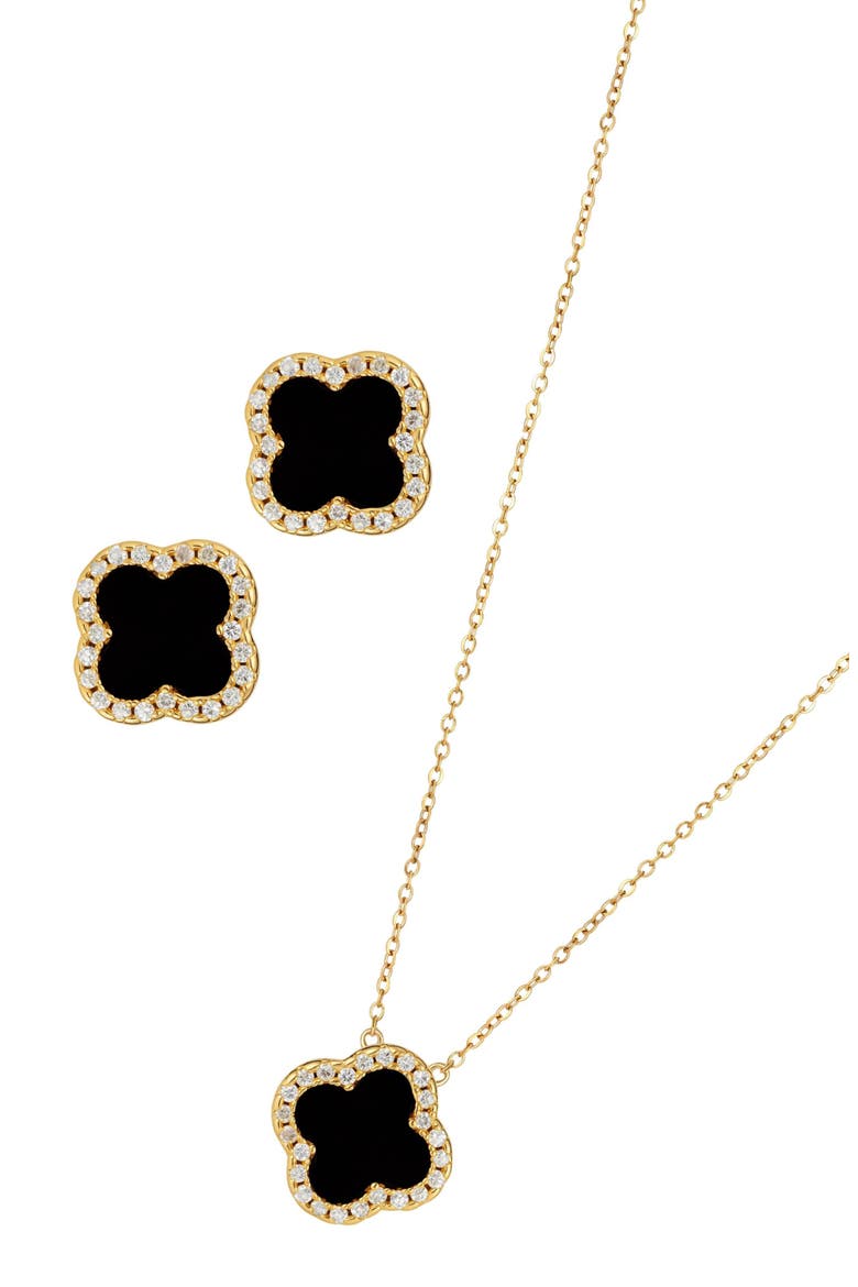 Cubic Zirconia Halo Pendant Necklace & Stud Earrings Set, Alternate, color, BLACK/ GOLD