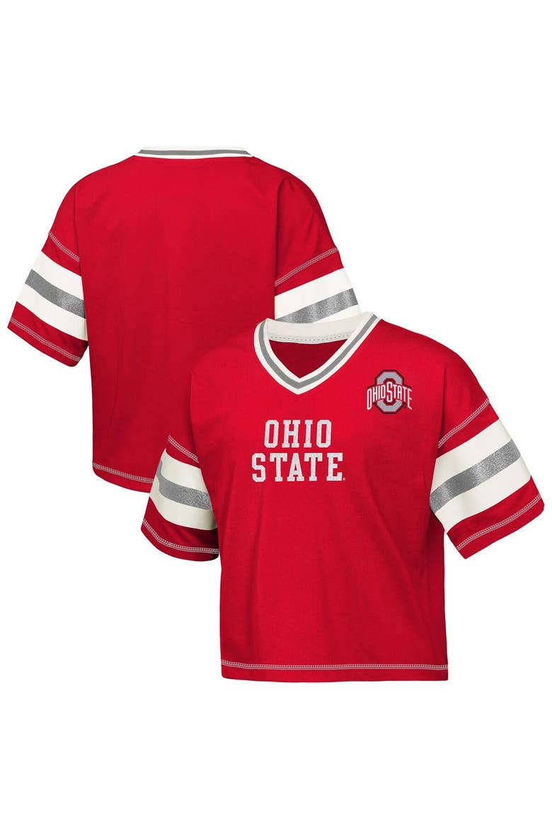 Girls Youth Outerstuff Scarlet Ohio State Buckeyes Gridiron Jersey V-Neck T-Shirt, Main, color, Scarlet