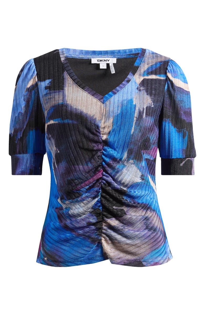 DKNY Print Ruched Puff Sleeve Top, Alternate, color, Blue Brush