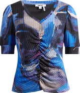 DKNY Print Ruched Puff Sleeve Top