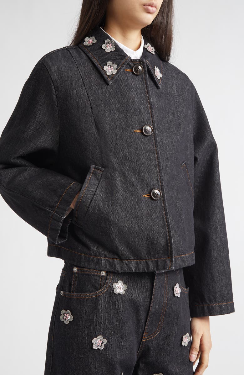 Marni Daisy Appliqué Denim Jacket, Alternate, color, Emb99blublack