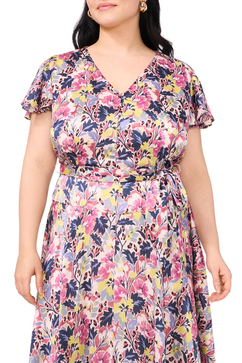 Floral Flutter Sleeve Asymmetric Midi Dress, Alternate, color, VIOLET BLUSH