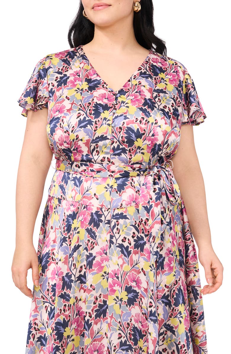 Floral Flutter Sleeve Asymmetric Midi Dress