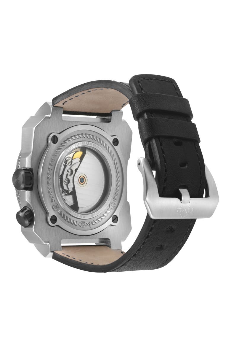 XO Submarine Swiss Automatic Leather Strap Watch, 48mm, Alternate, color, BLACK
