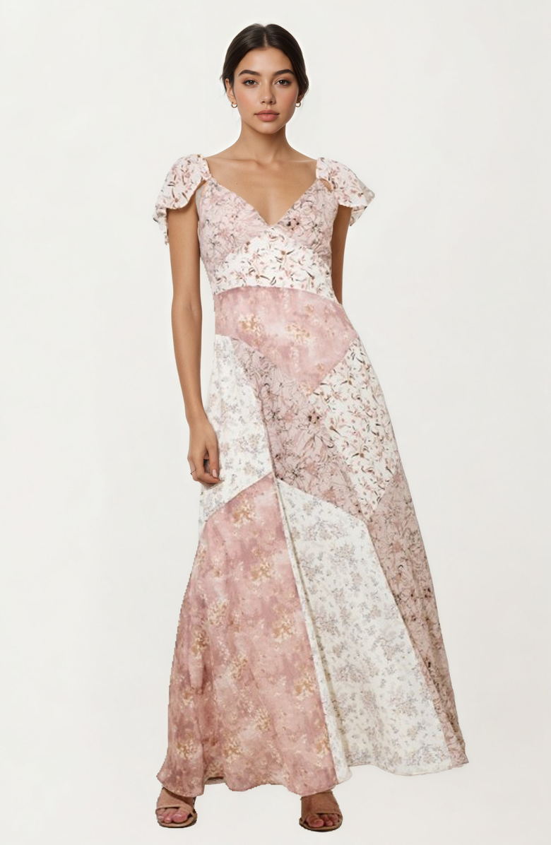 Knit and Lounge Flutter Sleeve Maxi Dress with Patchwork Design, Main, color, 