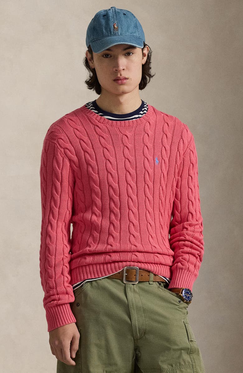 Polo Ralph Lauren Cable Stitch Cotton Crewneck Sweater, Alternate, color, Pale Red