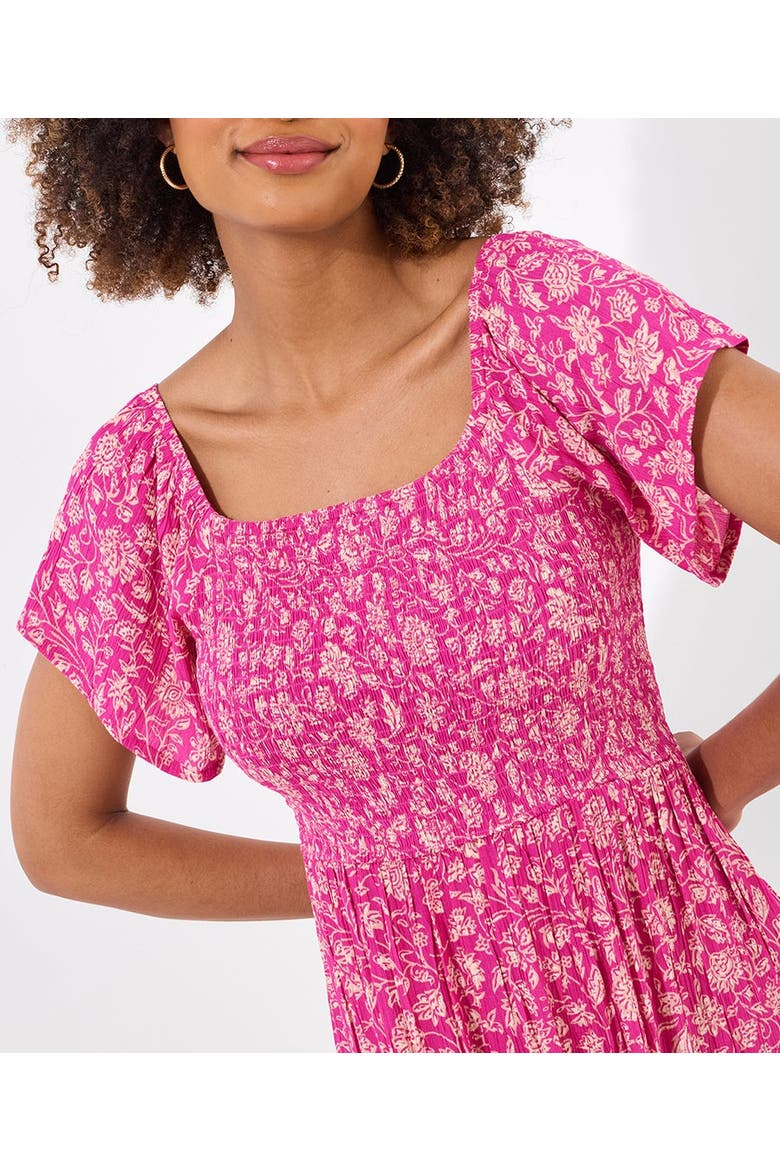 Square Neck Smocked Crinkle Maxi Dress, Alternate, color, FUCHSIA BATIK FLORAL