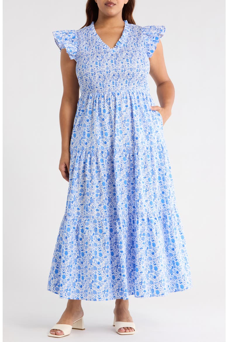 Luray Floral Sunfire Smocked Cotton Tiered Maxi Dress, Main, color, BLUE/ WHITE