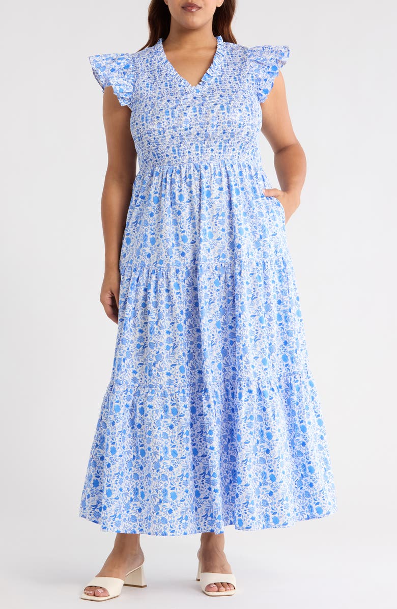 SUGARLIPS Luray Floral Sunfire Smocked Cotton Tiered Maxi Dress, Main, color, Blue/ White