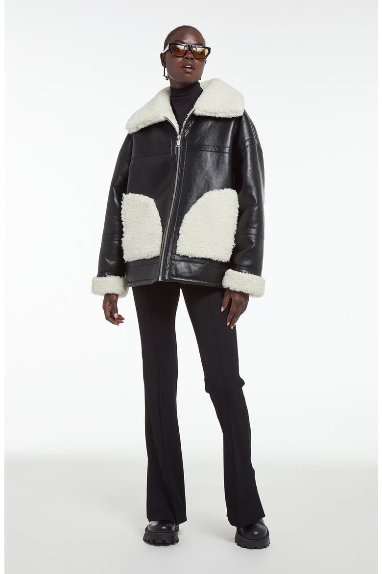 Catalina Faux Leather & Shearling Bomber Jacket, Alternate, color, NOIR IVORY