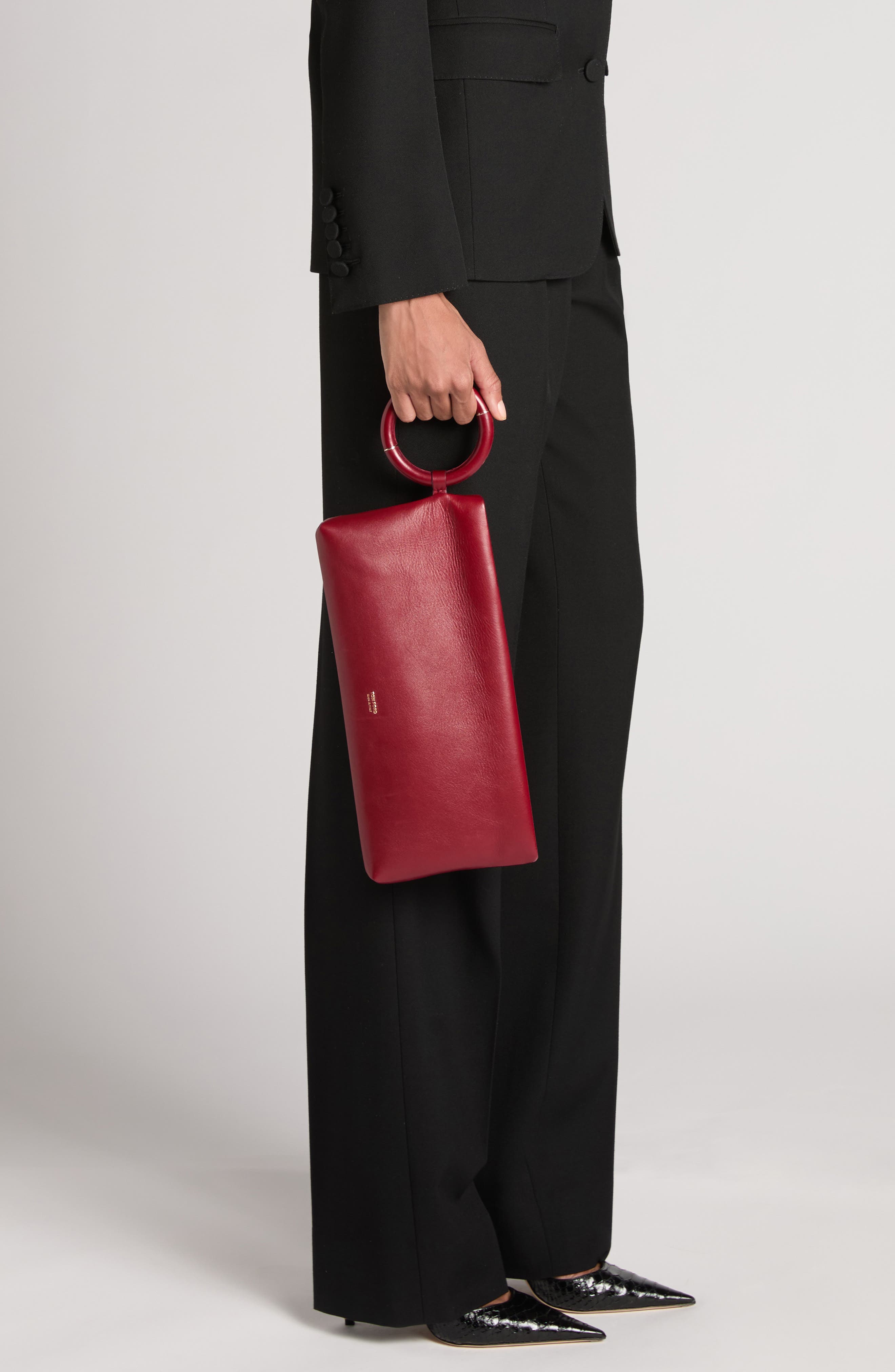 T-Ring Leather Clutch, Alternate, color, RUBY RED