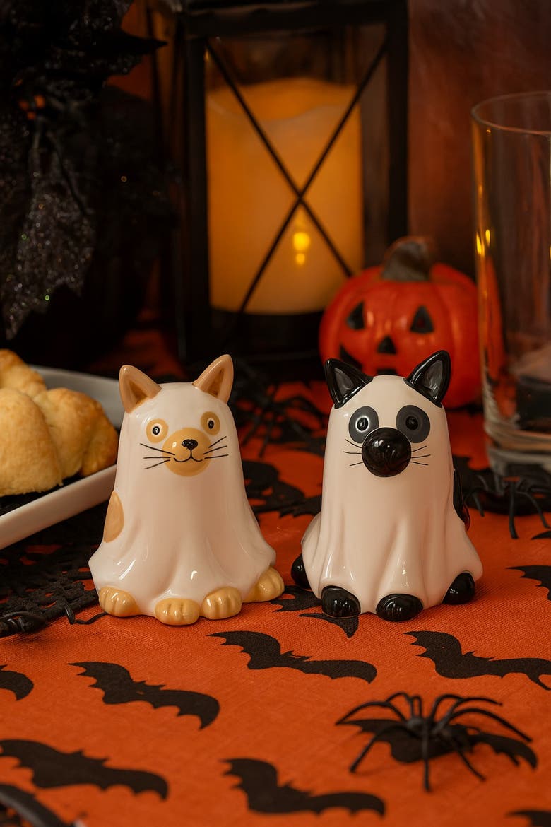 Ghost Cats Halloween Costume Dolomite Salt & Pepper Shakers Set of 2, Alternate, color, White