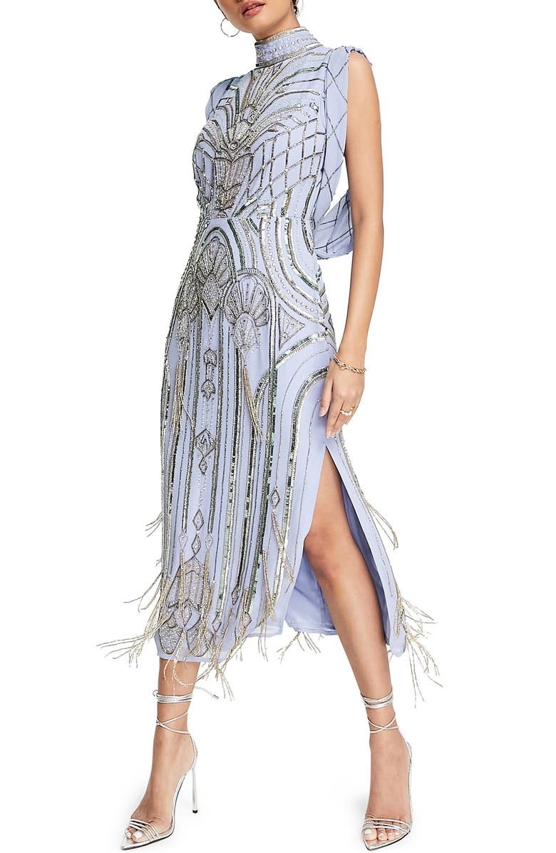 ASOS DESIGN Drape Back Embellished Midi Dress, Alternate, color, Medium Blue