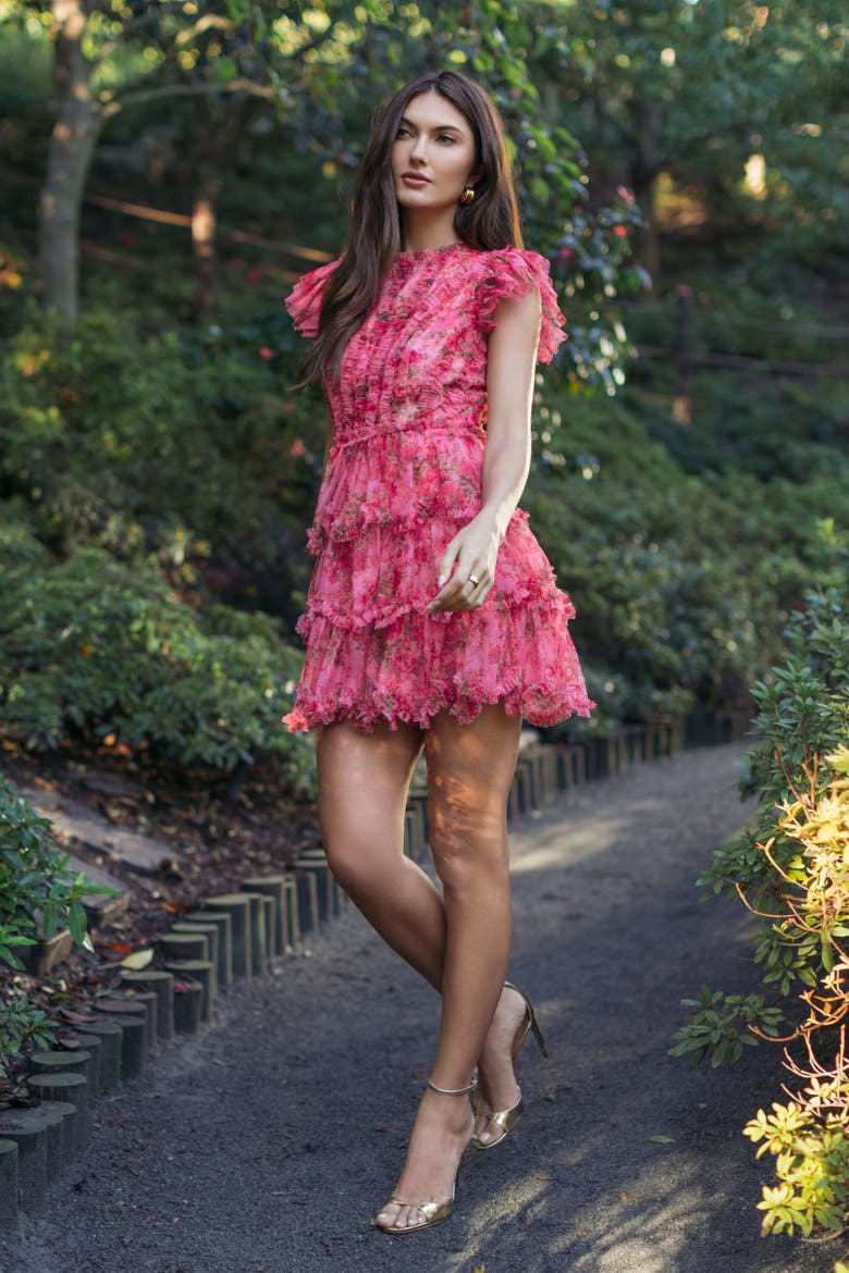 Floral High Neck Cap Sleeve Ruffle Mini Dress, Alternate, color, Pink Multi