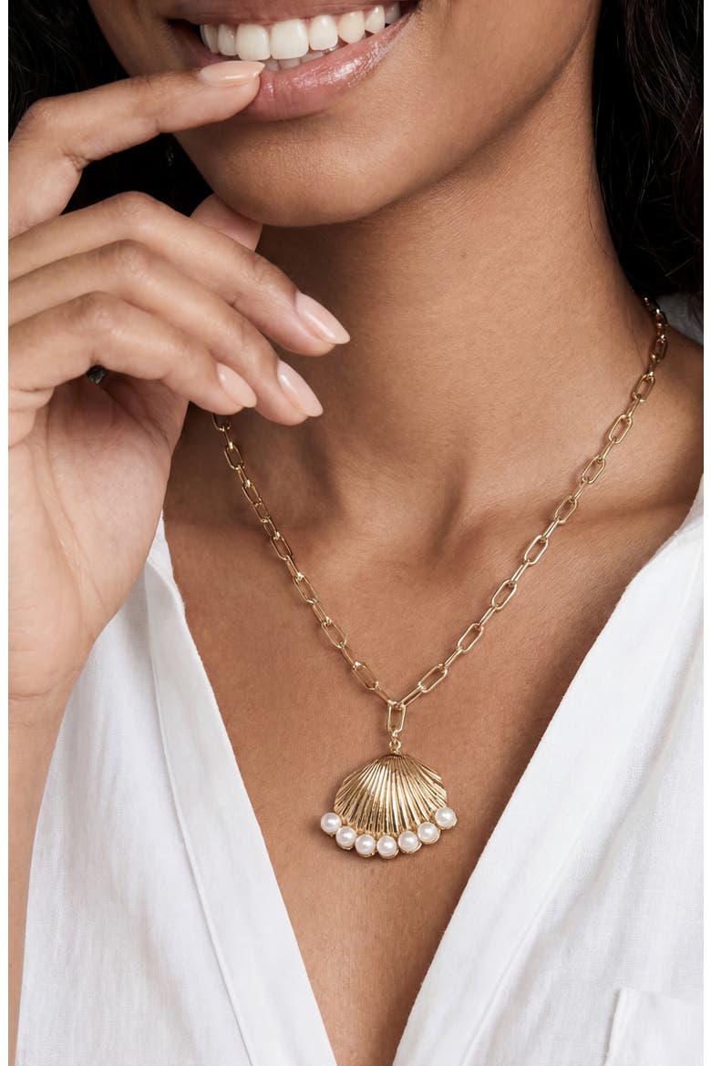 Faux Pearl Shell Pendant Necklace, Alternate, color, GOLD