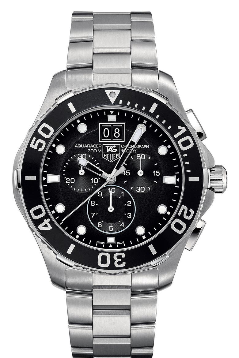 'Aquaracer' Chronograph Watch, Main, color, BLACK / SILVER