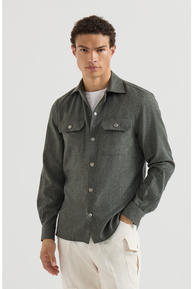 Virgin wool flannel overshirt with spread collar and chest pockets, Main, color, Forest Green