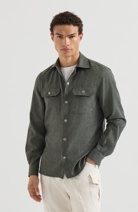 Virgin wool flannel overshirt with spread collar and chest pockets