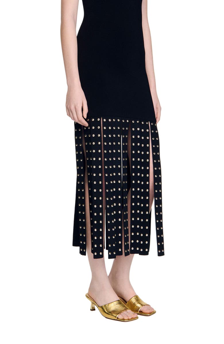 SANDRO Fringed knit maxi dress, Alternate, color, Black