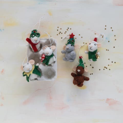 6-Piece Handmade Wool Felt Mice in Holiday Clothes Ornaments in Egg Crate