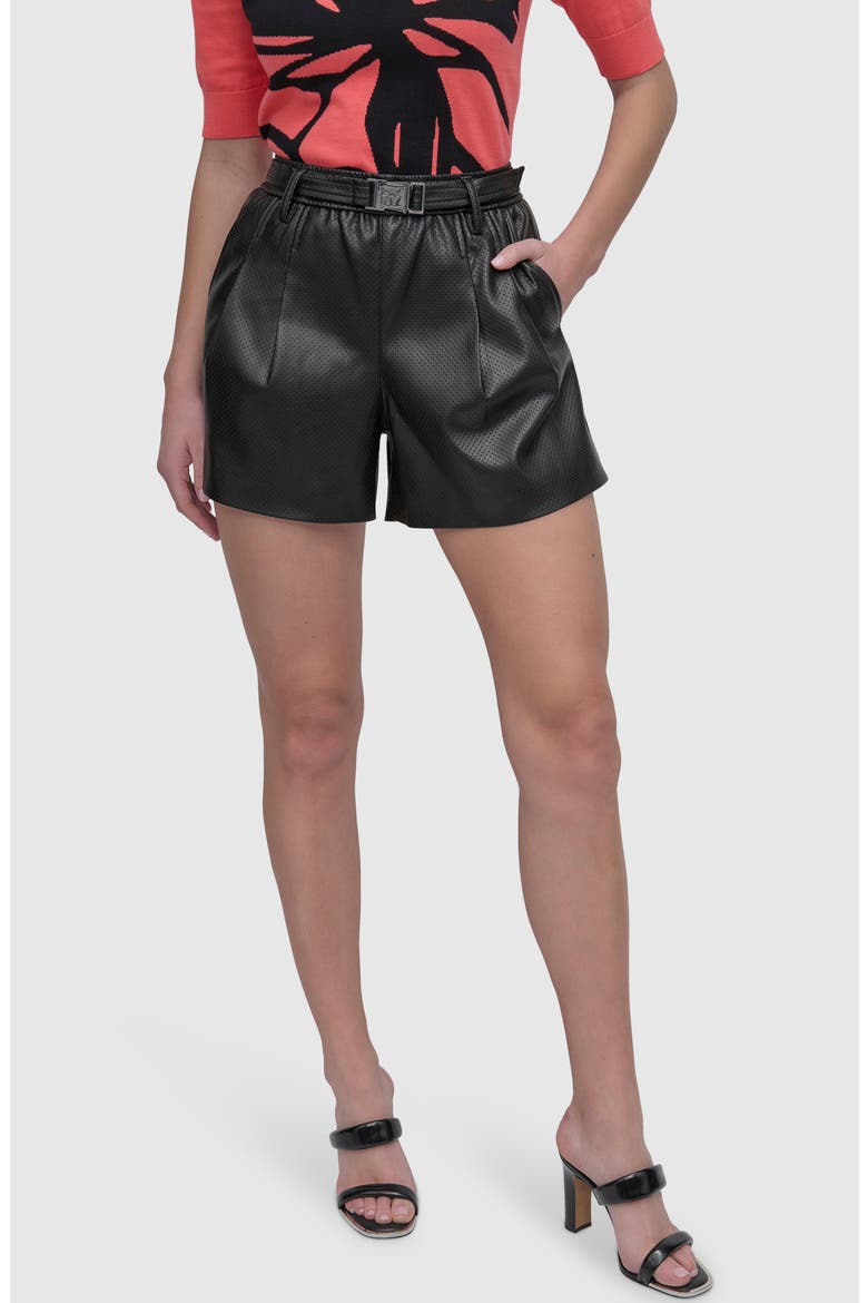 Perforated Faux Leather Shorts, Main, color, BLACK
