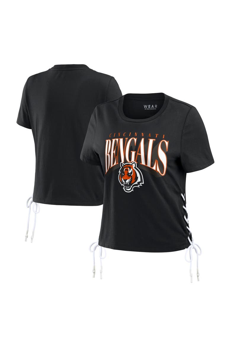 Women's WEAR by Erin Andrews Black Cincinnati Bengals Lace Up Side Modest Cropped T-Shirt, Main, color, Black