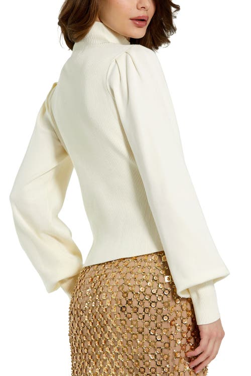 Mac Duggal Ribbed Knit Balloon Sleeve Turtle Neck Sweater In Ecru