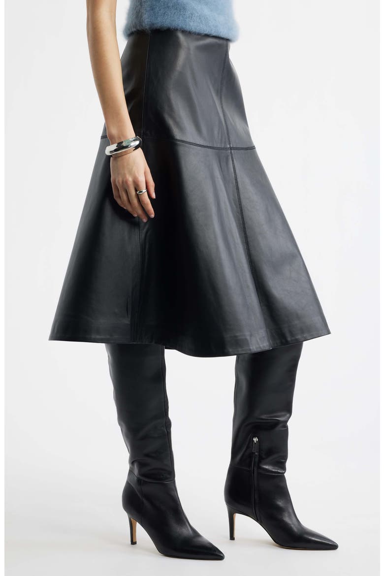 Leather A-Line Midi Skirt, Alternate, color, BLACK