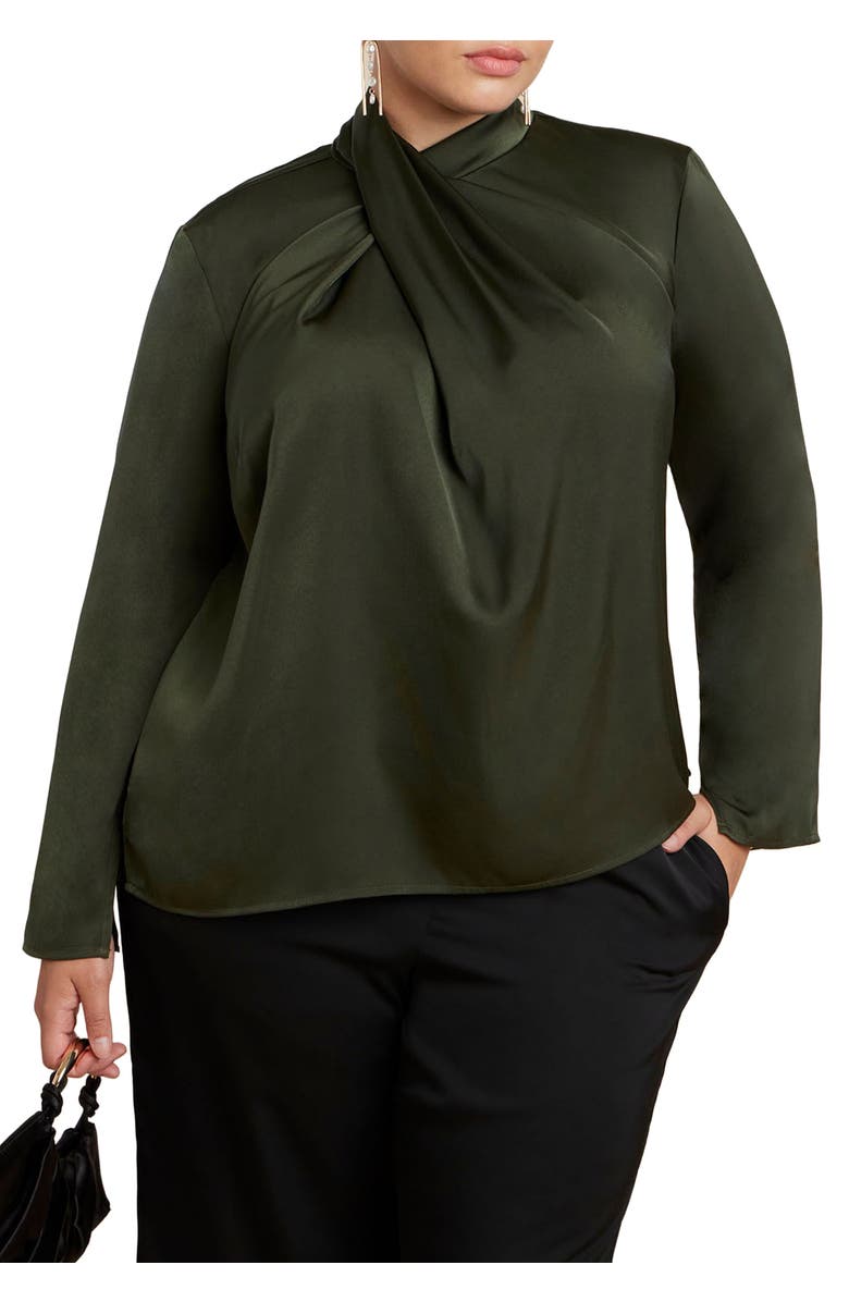 ELOQUII High Neck Drape Top, Main, color, Dark Forest Green