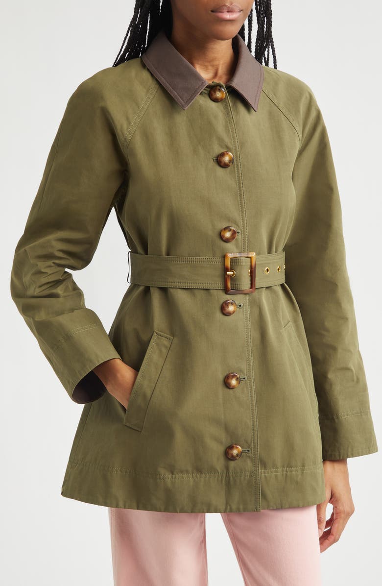 Veronica Beard Langham Waxed Belted Dickey Coat with Removable Collar, Alternate, color, Army