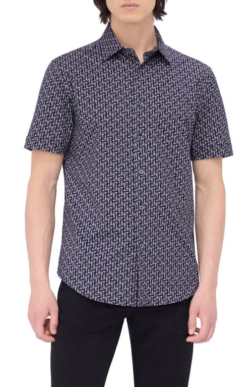 Bugatchi Miles Ooohcotton® Champagne Flute Print Short Sleeve Button-up Shirt In Black