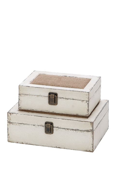 White Wood Box with Hinged Lid - Set of 2