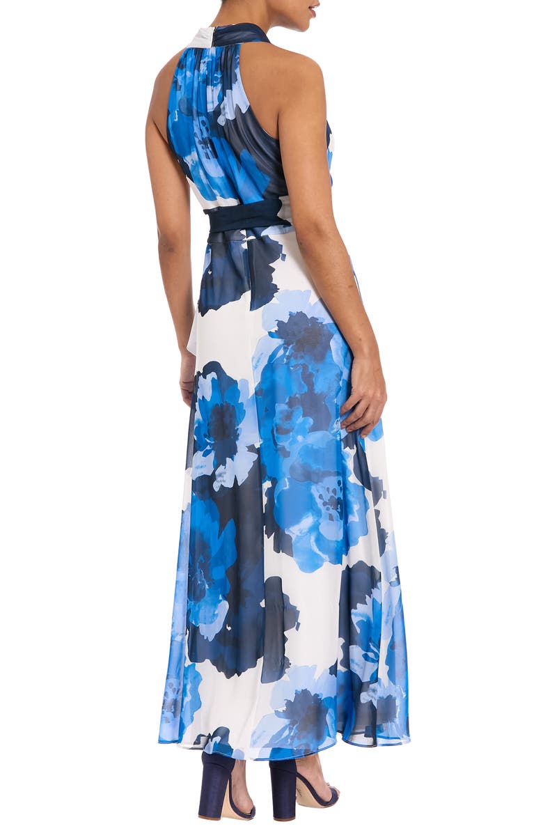 London Times Floral Halter Tie Belt Maxi Sheath Dress, Alternate, color, Soft White/ Bright Blue