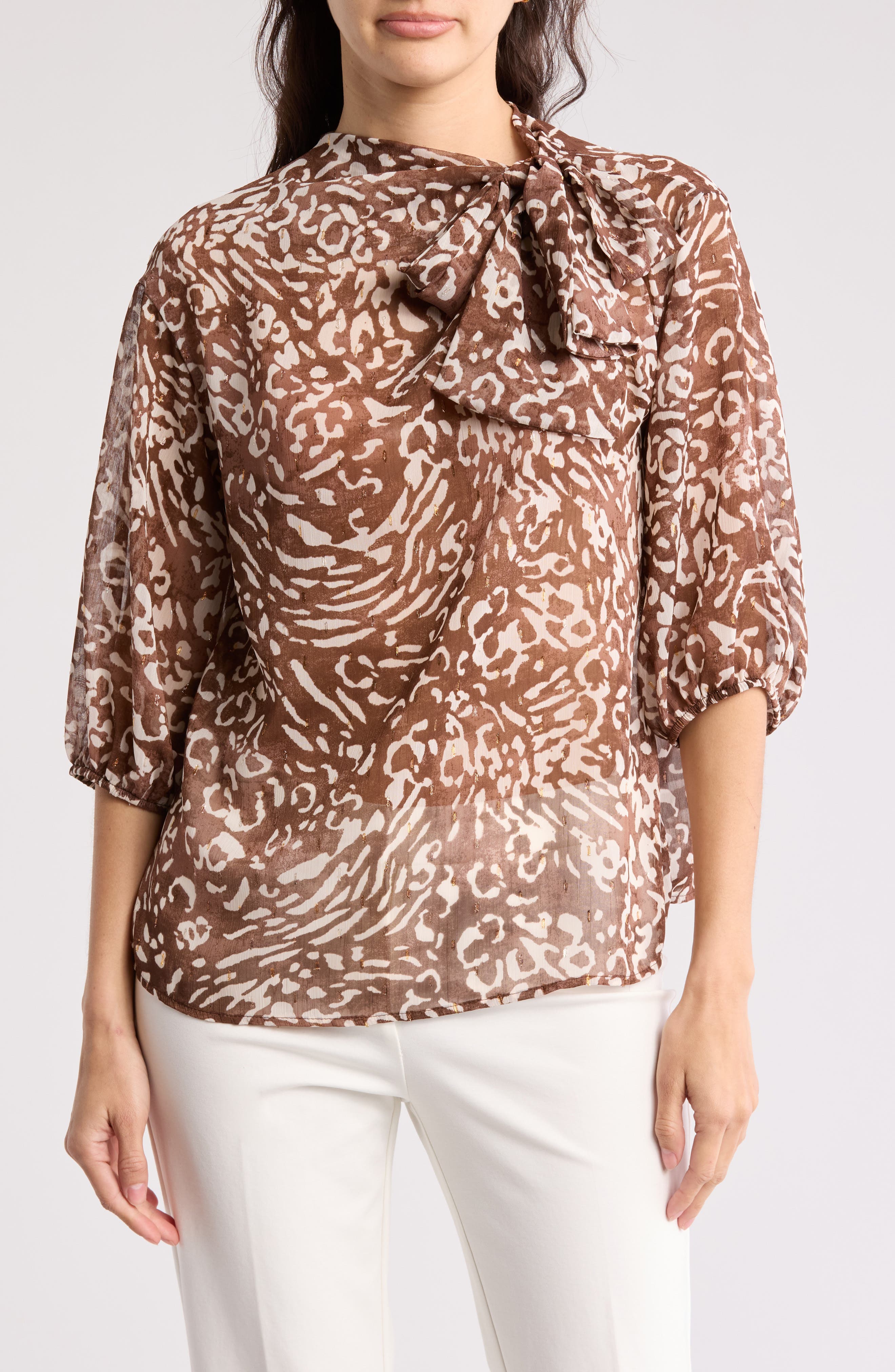 Animal Print Tie Neck Top - image 3