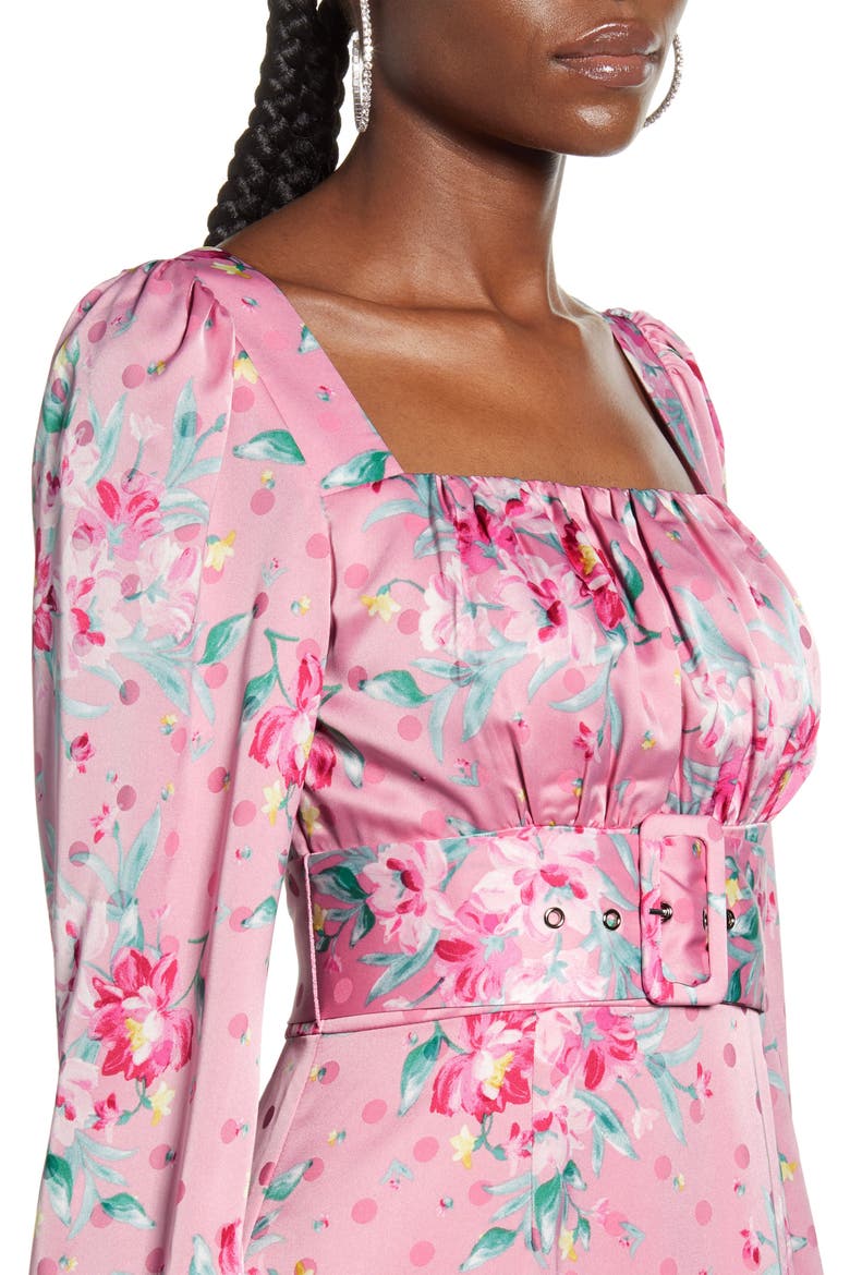 Floral Belted Bustier Long Sleeve Satin Ruffle Dress, Alternate, color, PINK FLORAL DOT JACQUARD