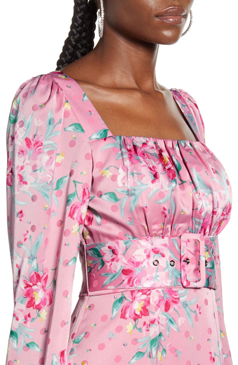 WAYF Floral Belted Bustier Long Sleeve Satin Ruffle Dress, Alternate, color,