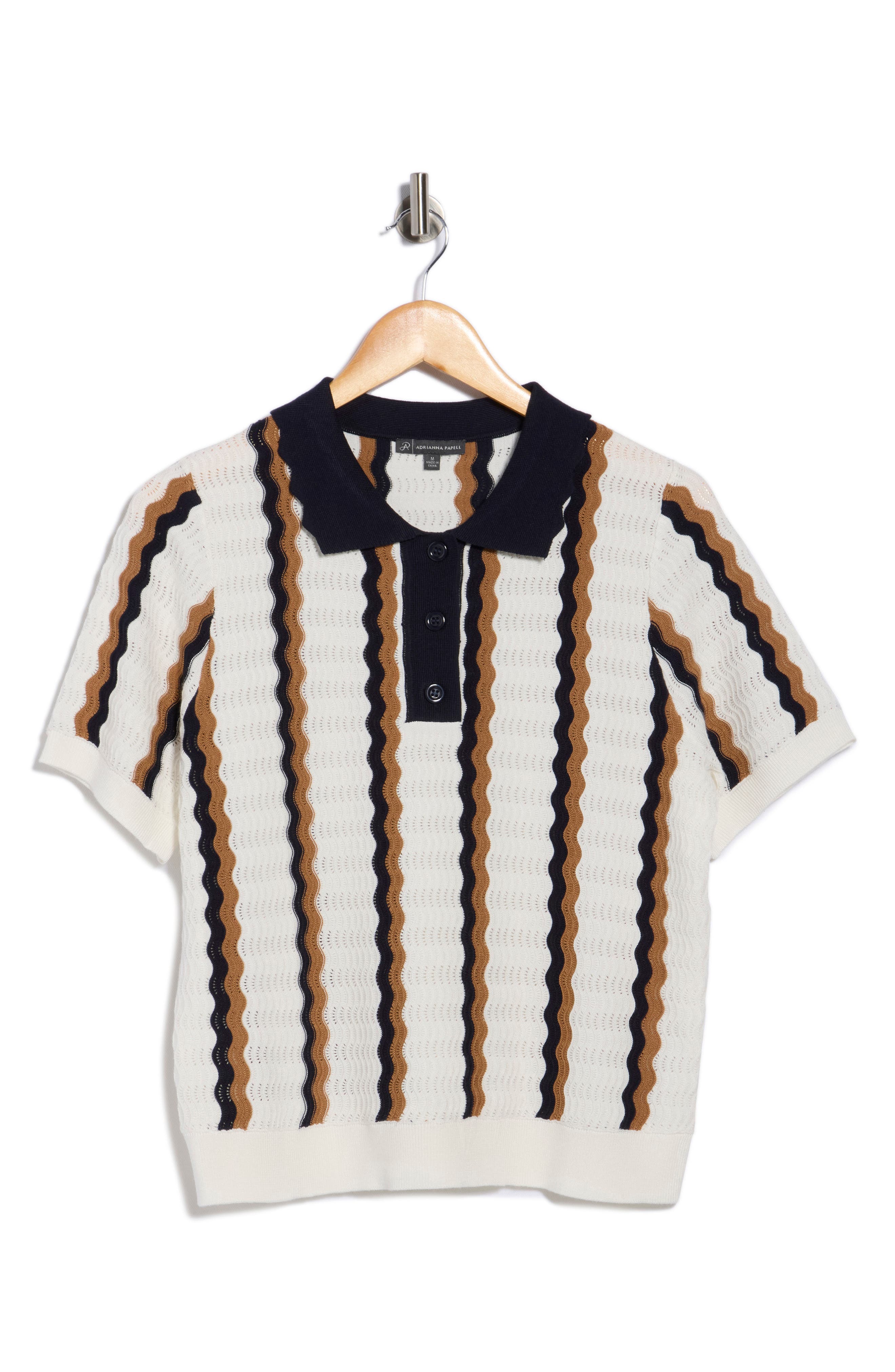 Adrianna Papell Stripe Pointelle Polo Sweater